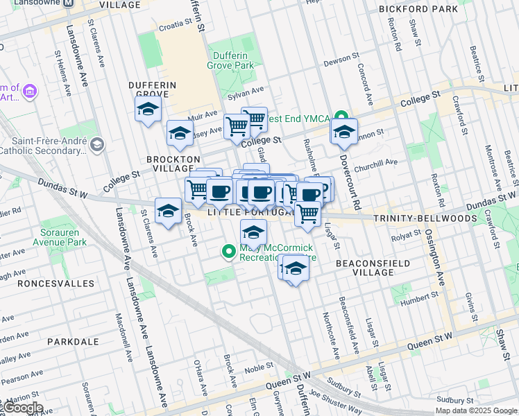 map of restaurants, bars, coffee shops, grocery stores, and more near 1468 Dundas Street West in Toronto