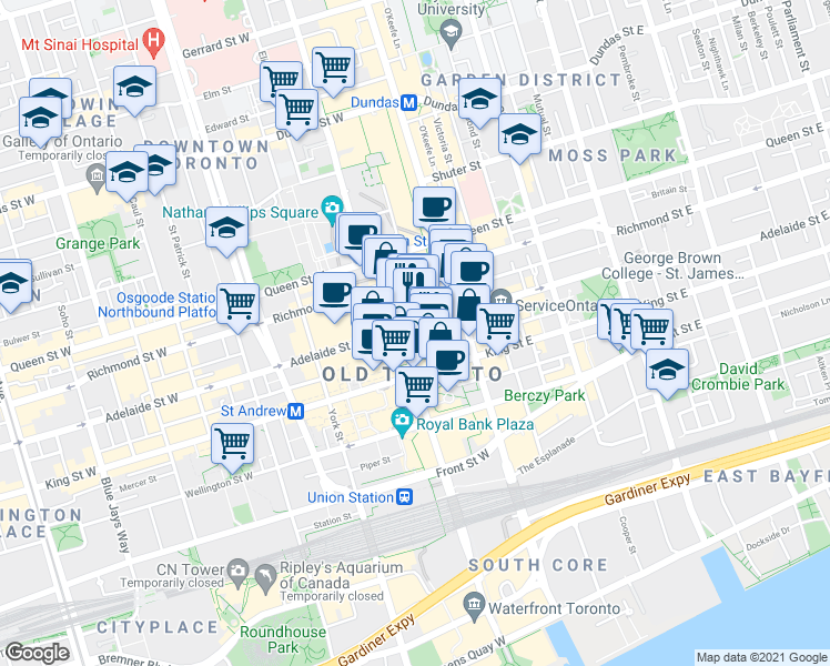map of restaurants, bars, coffee shops, grocery stores, and more near 311 Bay Street in Toronto