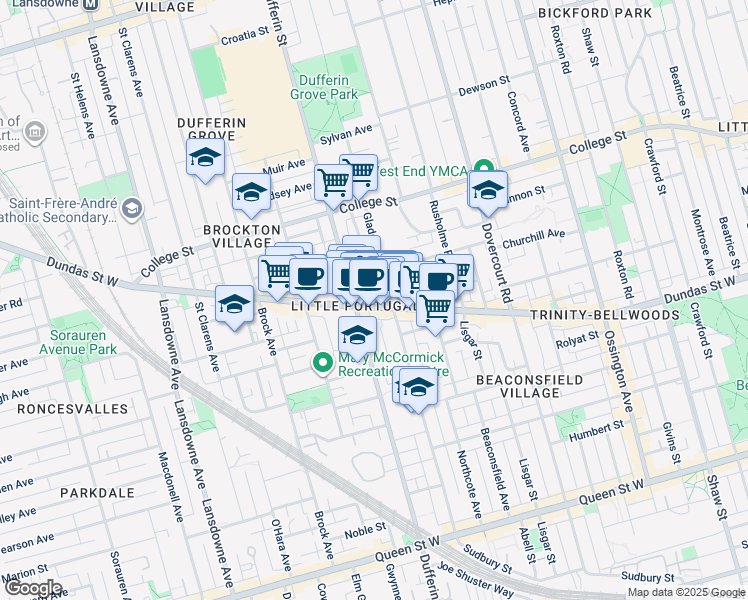 map of restaurants, bars, coffee shops, grocery stores, and more near 1468 Dundas Street West in Toronto