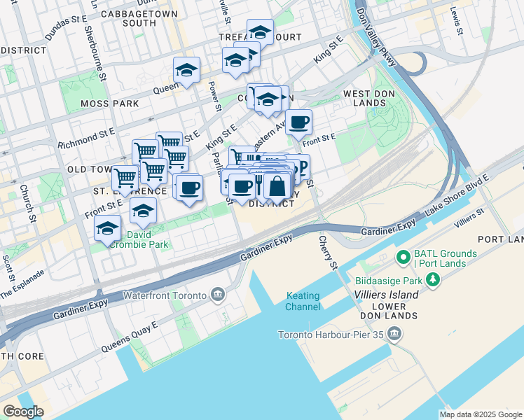 map of restaurants, bars, coffee shops, grocery stores, and more near in Toronto