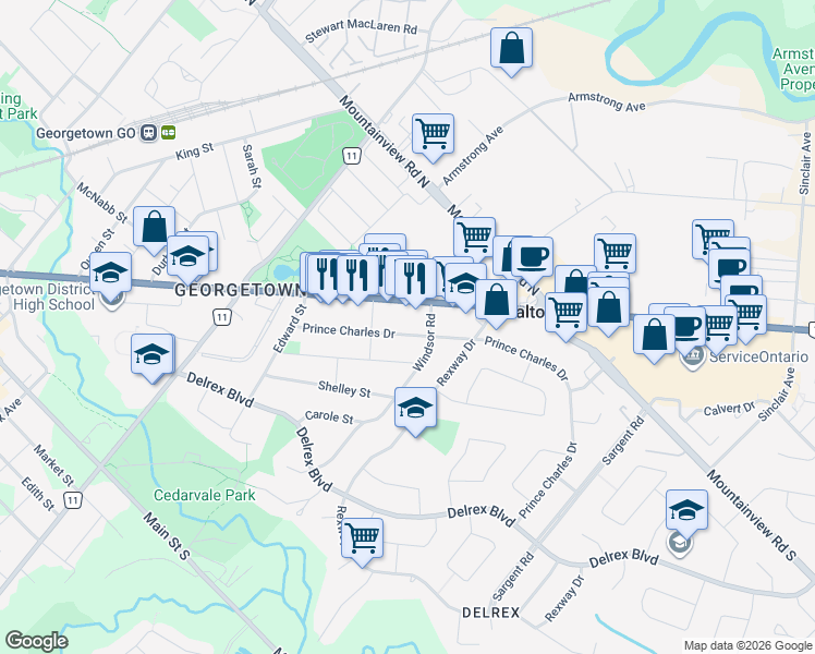 map of restaurants, bars, coffee shops, grocery stores, and more near 47 Prince Charles Drive in Halton Hills