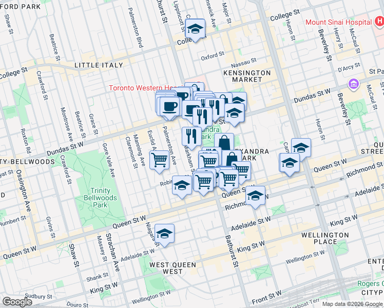 map of restaurants, bars, coffee shops, grocery stores, and more near 75 Markham Street in Toronto