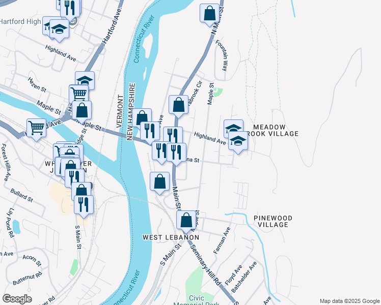 map of restaurants, bars, coffee shops, grocery stores, and more near 4 Prospect Street West in Lebanon