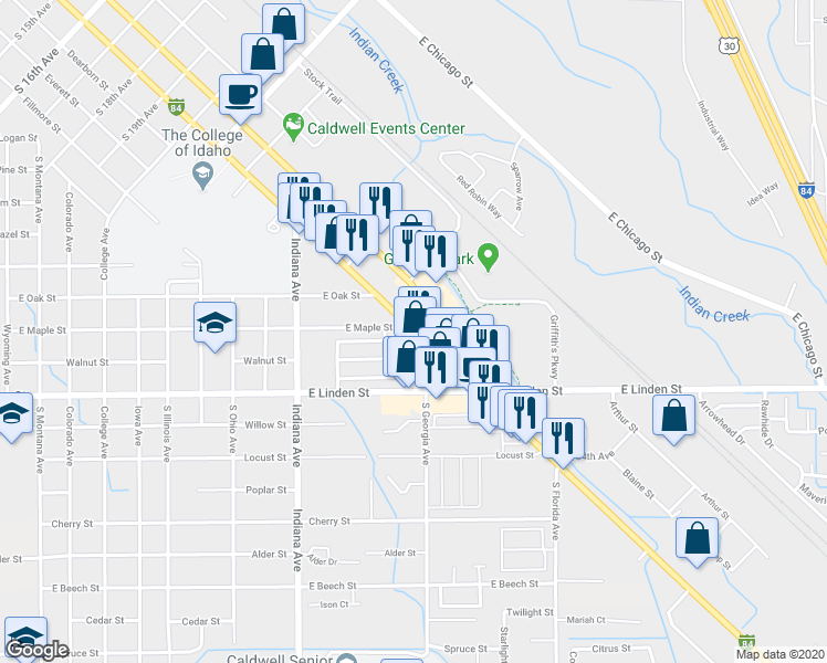 map of restaurants, bars, coffee shops, grocery stores, and more near 2807 Cleveland Boulevard in Caldwell