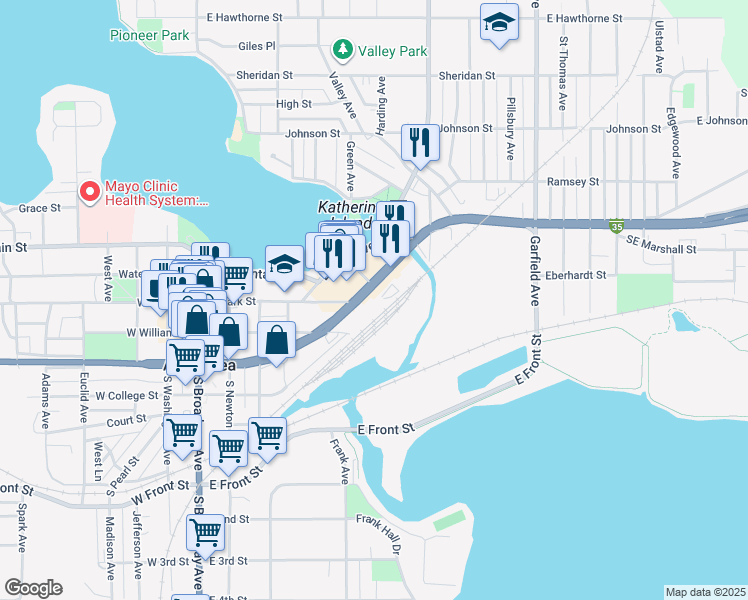 map of restaurants, bars, coffee shops, grocery stores, and more near 620 East Main Street in Albert Lea