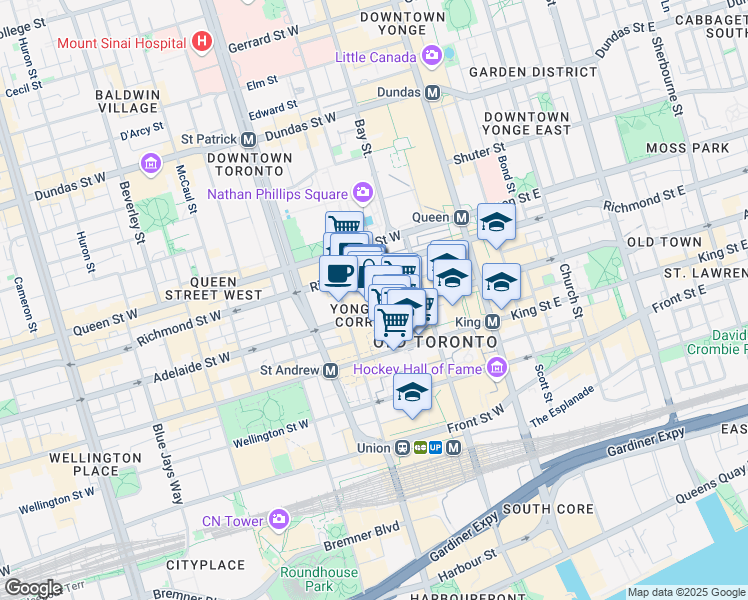 map of restaurants, bars, coffee shops, grocery stores, and more near 110 Adelaide Street West in Toronto