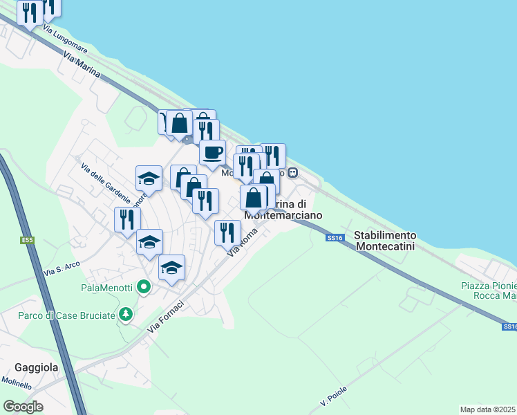 map of restaurants, bars, coffee shops, grocery stores, and more near 15 Via R. Sanzio in Marina di Montemarciano