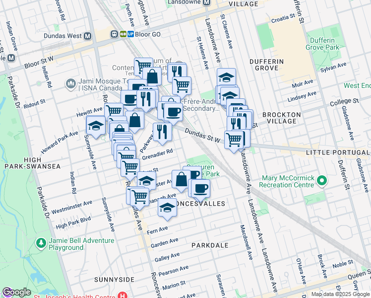 map of restaurants, bars, coffee shops, grocery stores, and more near 363 Sorauren Avenue in Toronto