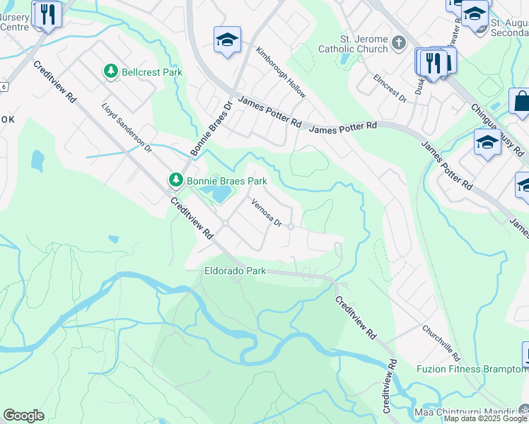 map of restaurants, bars, coffee shops, grocery stores, and more near Vernosa Drive in Brampton