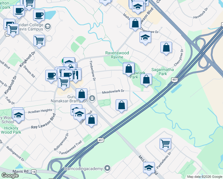 map of restaurants, bars, coffee shops, grocery stores, and more near 34 Meadowlark Drive in Brampton