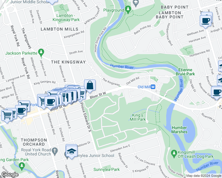 map of restaurants, bars, coffee shops, grocery stores, and more near 2812 Bloor Street West in Toronto