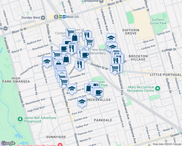 map of restaurants, bars, coffee shops, grocery stores, and more near 369 Sorauren Avenue in Toronto