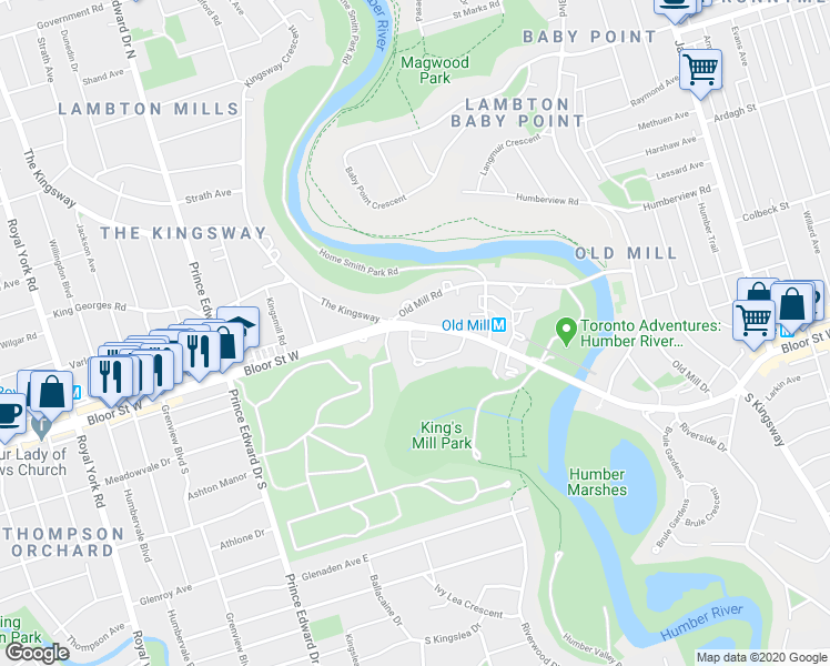 map of restaurants, bars, coffee shops, grocery stores, and more near 64 Old Mill Terrace in Toronto