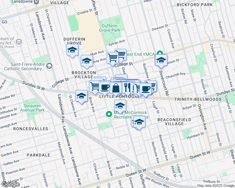 map of restaurants, bars, coffee shops, grocery stores, and more near 1484 Dundas Street West in Toronto