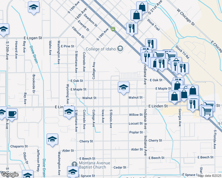 map of restaurants, bars, coffee shops, grocery stores, and more near East Maple Street in Caldwell