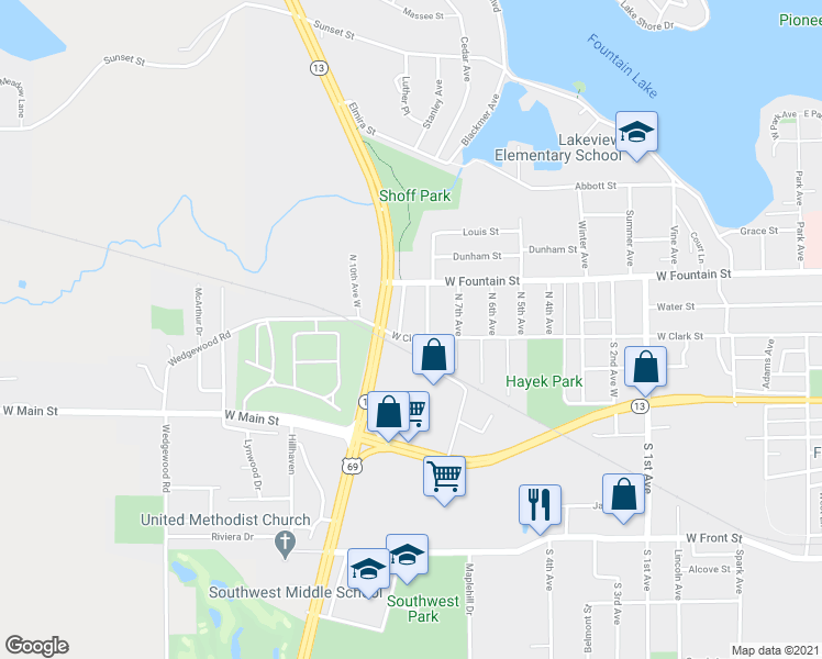 map of restaurants, bars, coffee shops, grocery stores, and more near 1524 West Clark Street in Albert Lea