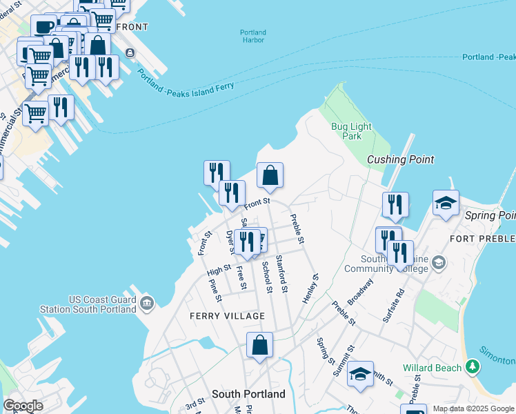 map of restaurants, bars, coffee shops, grocery stores, and more near 202 Front Street in South Portland