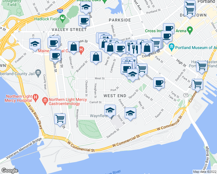 map of restaurants, bars, coffee shops, grocery stores, and more near 90 Neal Street in Portland