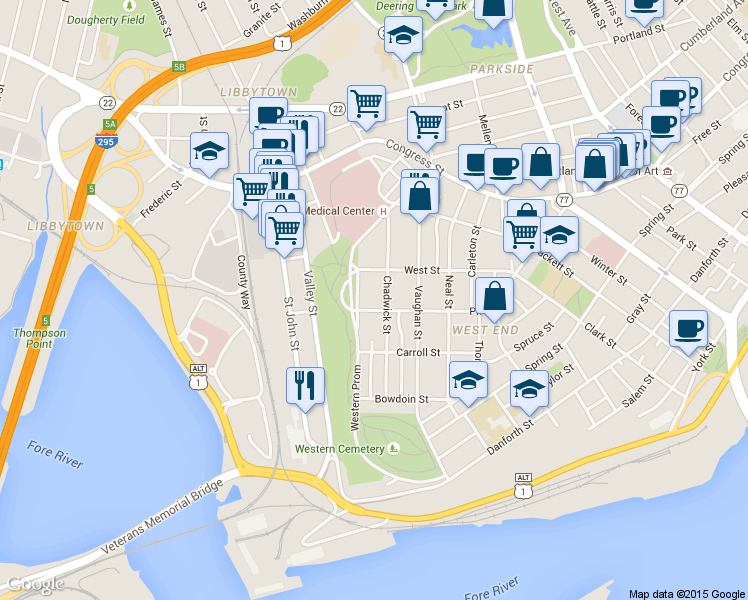 map of restaurants, bars, coffee shops, grocery stores, and more near 88 Chadwick Street in Portland