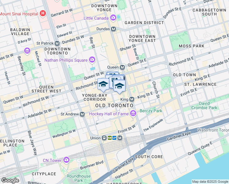 map of restaurants, bars, coffee shops, grocery stores, and more near 21 Adelaide Street West in Toronto