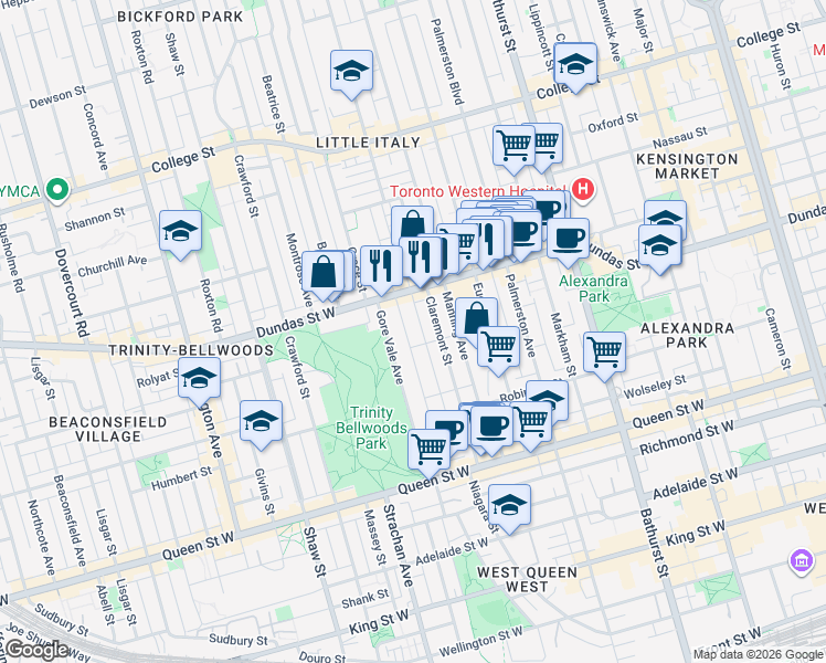 map of restaurants, bars, coffee shops, grocery stores, and more near in Toronto