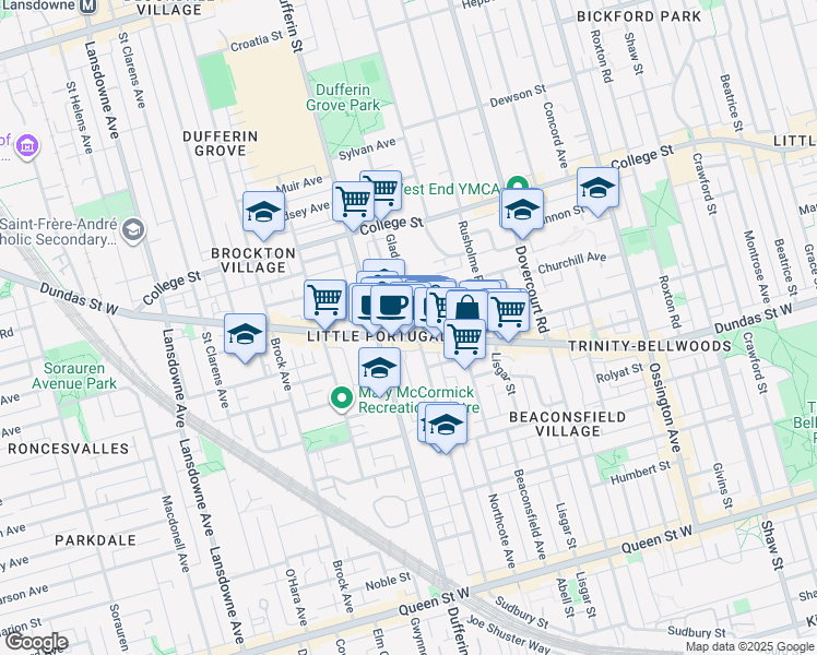 map of restaurants, bars, coffee shops, grocery stores, and more near in Toronto
