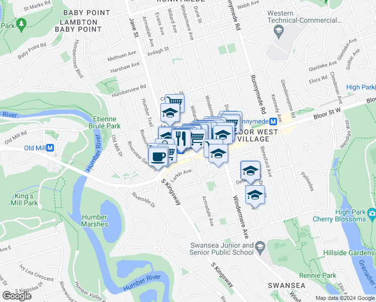map of restaurants, bars, coffee shops, grocery stores, and more near 2434 A Bloor Street West in Toronto