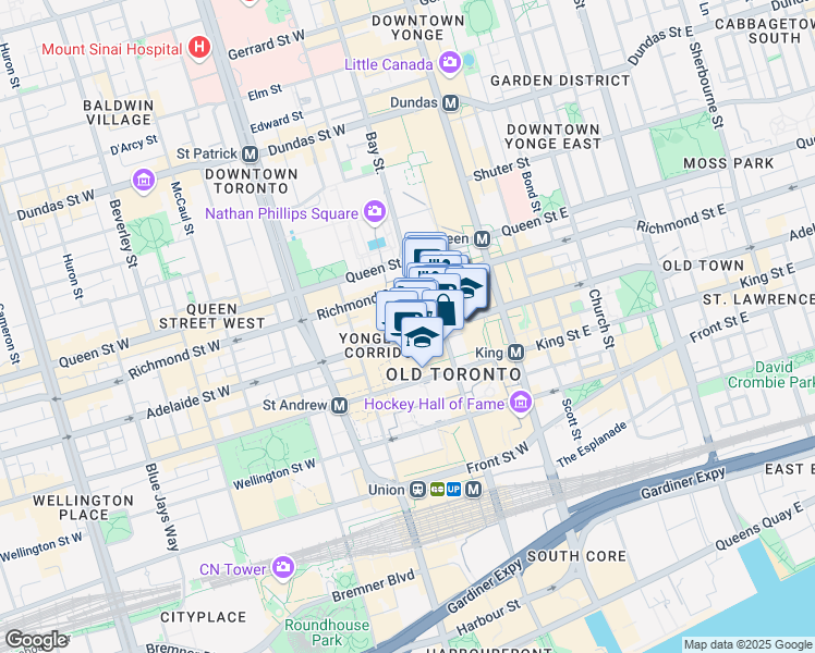 map of restaurants, bars, coffee shops, grocery stores, and more near 357 Bay Street in Toronto