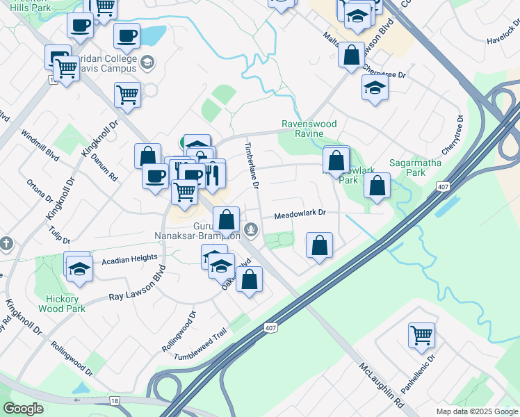 map of restaurants, bars, coffee shops, grocery stores, and more near Timberlane Drive in Brampton