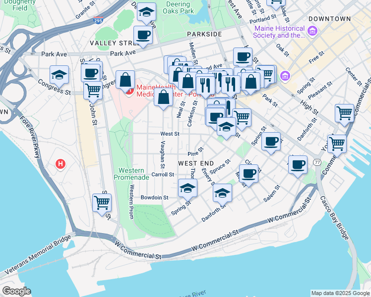 map of restaurants, bars, coffee shops, grocery stores, and more near 90 Neal Street in Portland