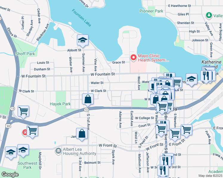 map of restaurants, bars, coffee shops, grocery stores, and more near 624 West Clark Street in Albert Lea
