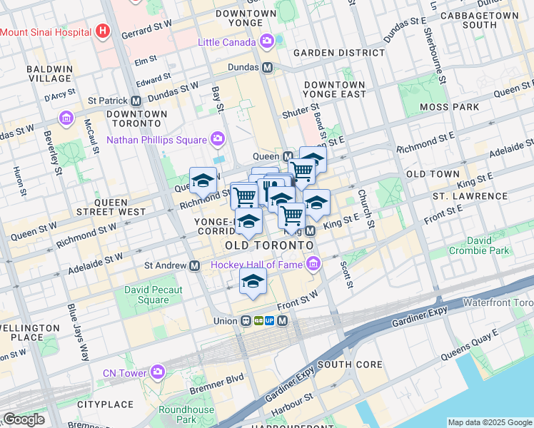 map of restaurants, bars, coffee shops, grocery stores, and more near 311 Bay Street in Toronto