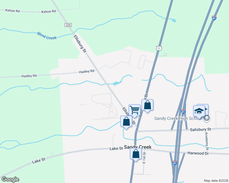 map of restaurants, bars, coffee shops, grocery stores, and more near 294 Ellisburg Street in Sandy Creek