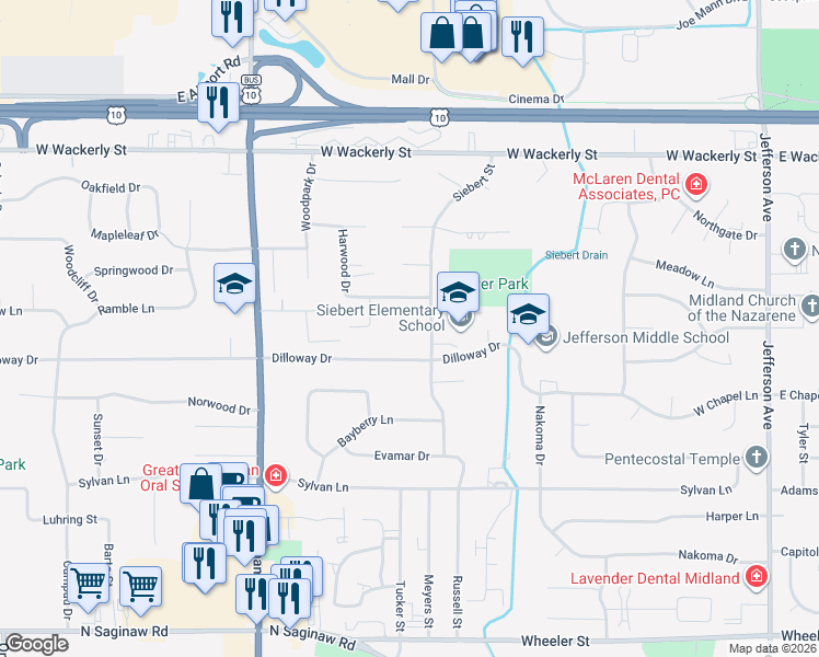 map of restaurants, bars, coffee shops, grocery stores, and more near 1205 Kingsbury Court in Midland