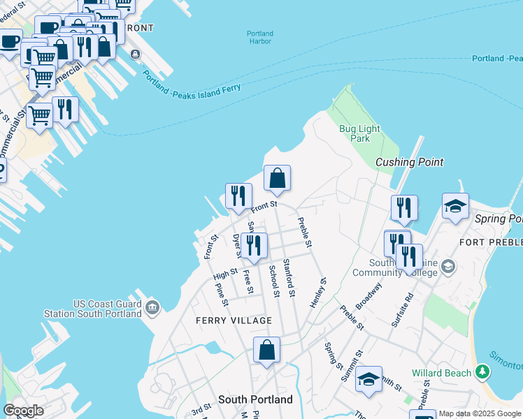 map of restaurants, bars, coffee shops, grocery stores, and more near 202 Front Street in South Portland