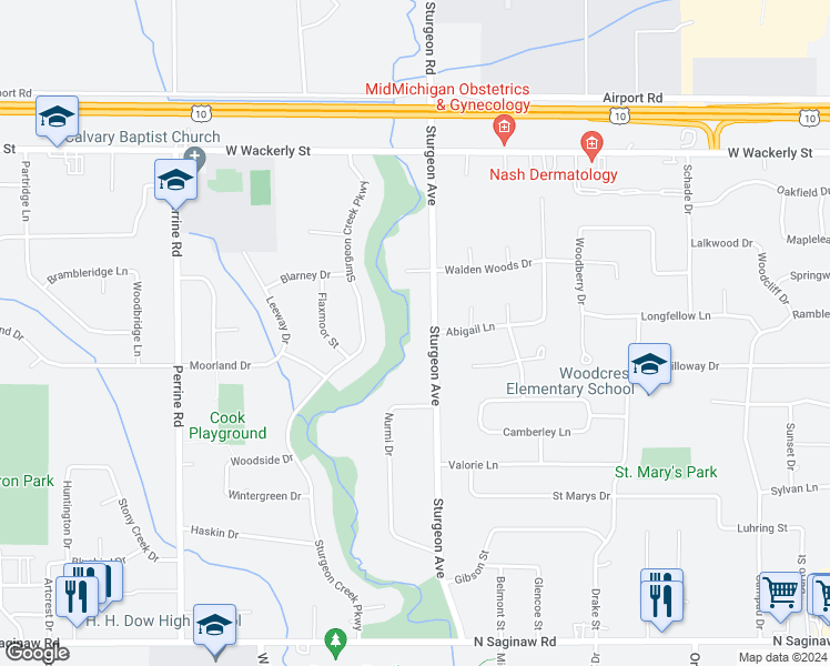 map of restaurants, bars, coffee shops, grocery stores, and more near 5721 Sturgeon Avenue in Midland