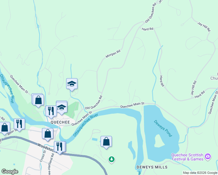 map of restaurants, bars, coffee shops, grocery stores, and more near 383 Old Quechee Road in Hartford
