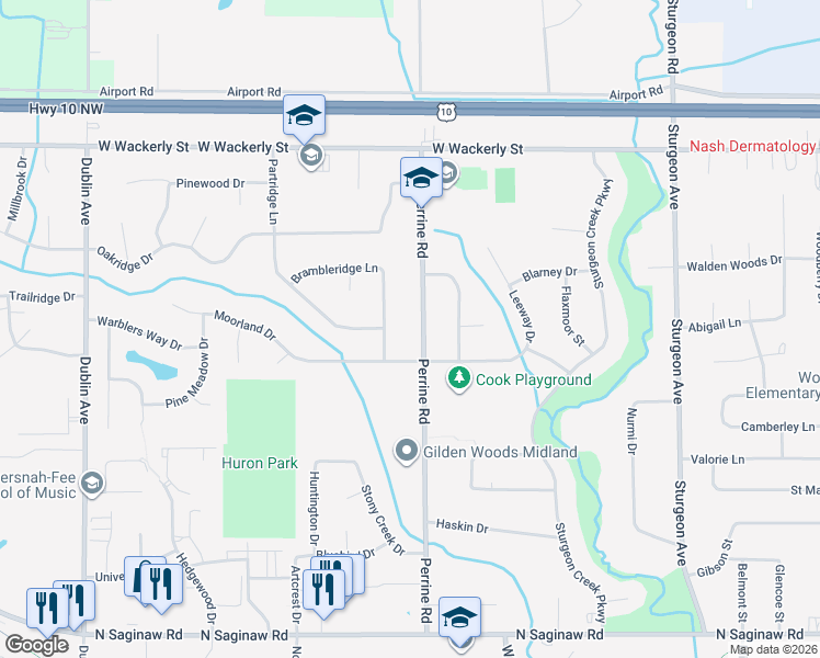 map of restaurants, bars, coffee shops, grocery stores, and more near 5713 Perrine Road in Midland