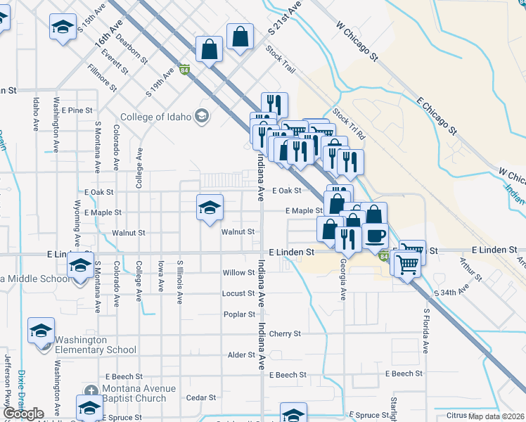 map of restaurants, bars, coffee shops, grocery stores, and more near 2100 East Maple Street in Caldwell