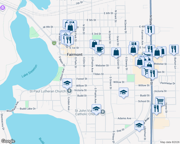 map of restaurants, bars, coffee shops, grocery stores, and more near 320 South Prairie Avenue in Fairmont