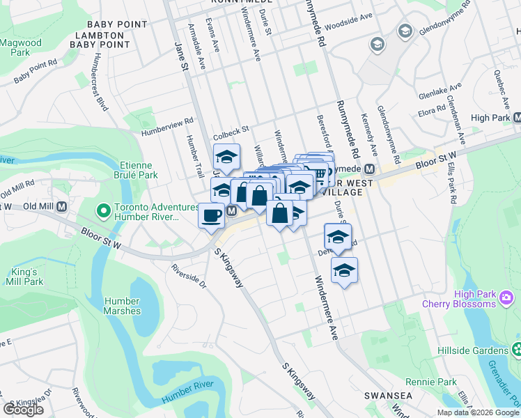 map of restaurants, bars, coffee shops, grocery stores, and more near 2392 Bloor Street West in Toronto