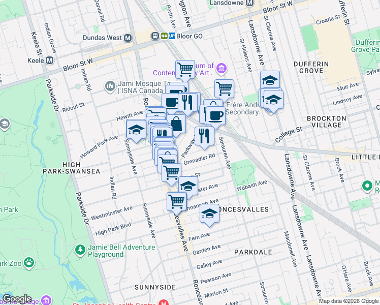 map of restaurants, bars, coffee shops, grocery stores, and more near 33 Parkway Avenue in Toronto
