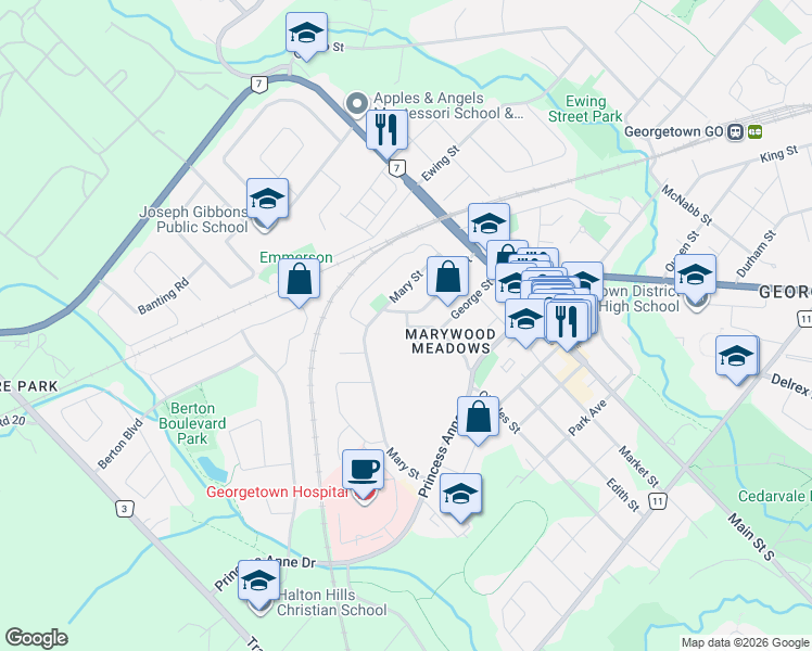 map of restaurants, bars, coffee shops, grocery stores, and more near 3 Bard Lane in Halton Hills