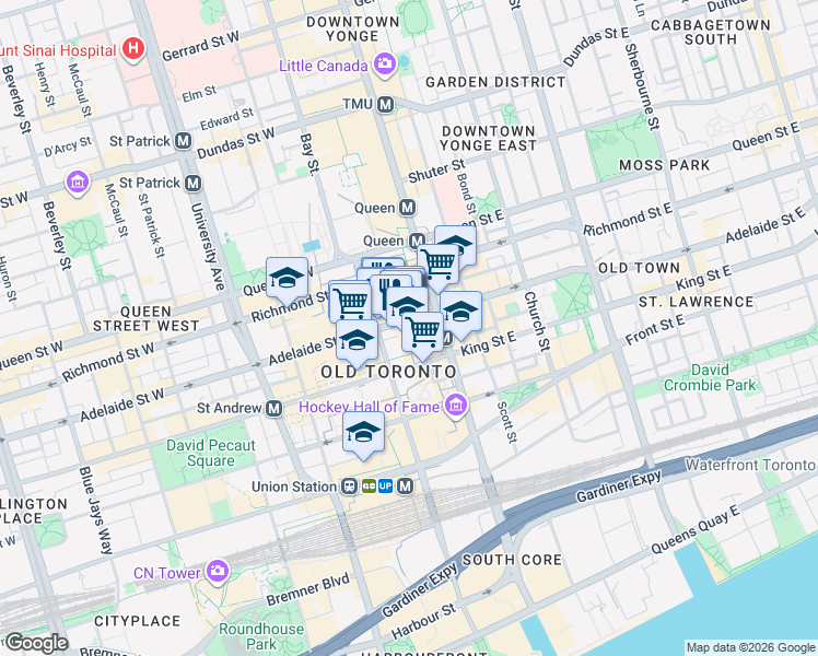 map of restaurants, bars, coffee shops, grocery stores, and more near 40 King Street West in Toronto