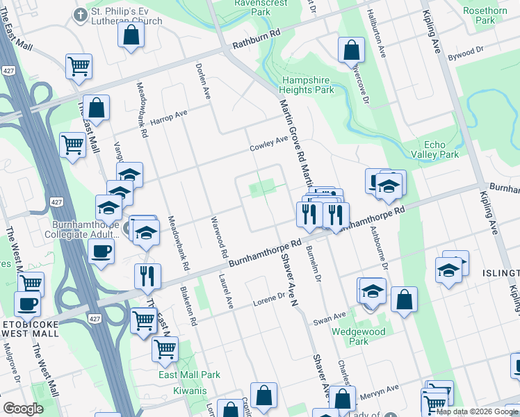 map of restaurants, bars, coffee shops, grocery stores, and more near 10 Shaver Court in Toronto