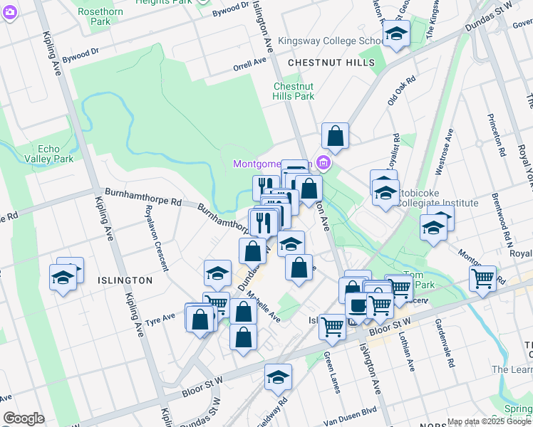 map of restaurants, bars, coffee shops, grocery stores, and more near 9 Burnhamthorpe Crescent in Toronto