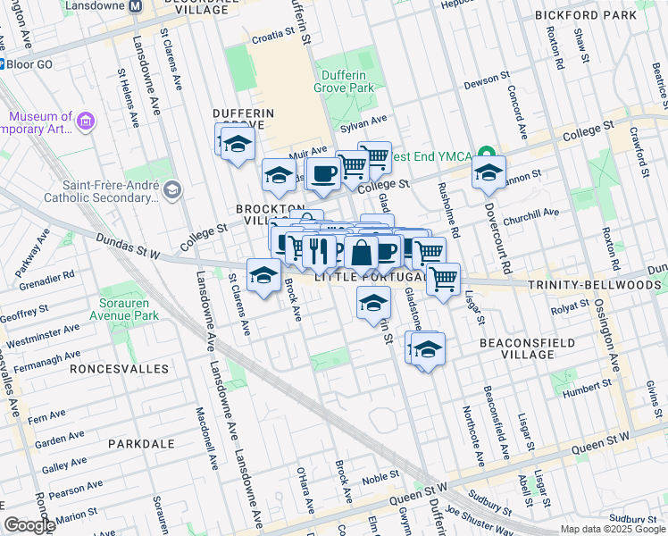 map of restaurants, bars, coffee shops, grocery stores, and more near 1544 Dundas Street West in Toronto