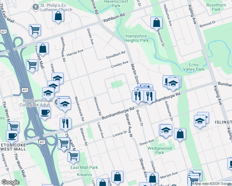 map of restaurants, bars, coffee shops, grocery stores, and more near 10 Shaver Court in Toronto