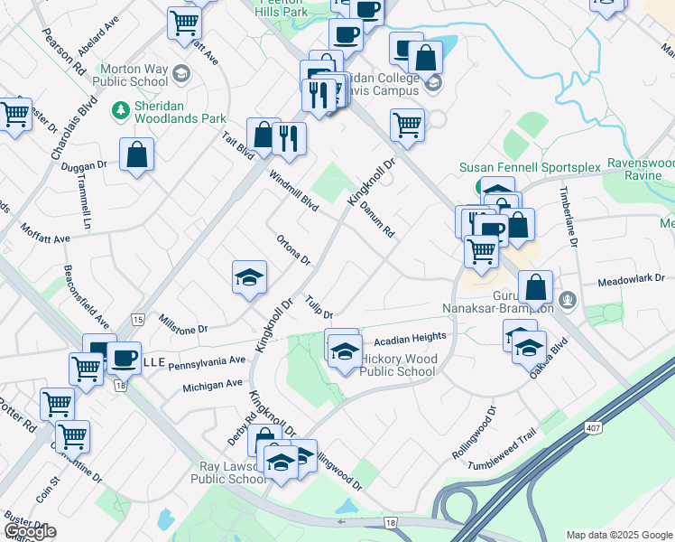 map of restaurants, bars, coffee shops, grocery stores, and more near 50 Dutch Crescent in Brampton