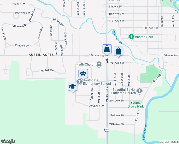 map of restaurants, bars, coffee shops, grocery stores, and more near 1802 14th Street Southwest in Austin